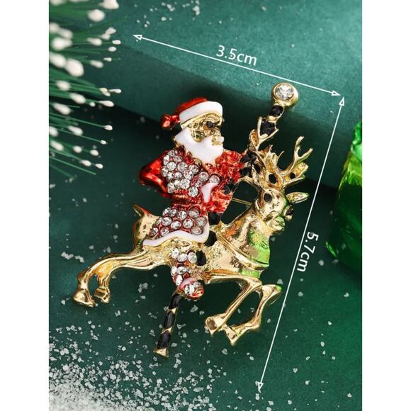 Santa on a Carousel Reindeer Brooch Pin Christmas Holiday Retro Vintage Style - Picture 2 of 6